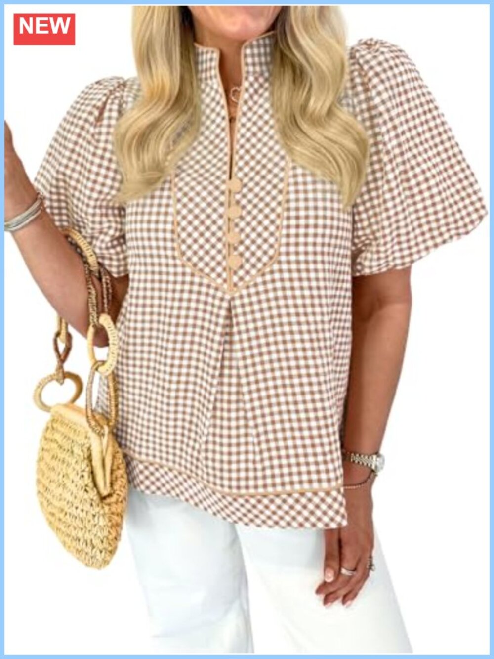 Womens Gingham Button Down Blouse Puff Short Sleeve V Neck Top